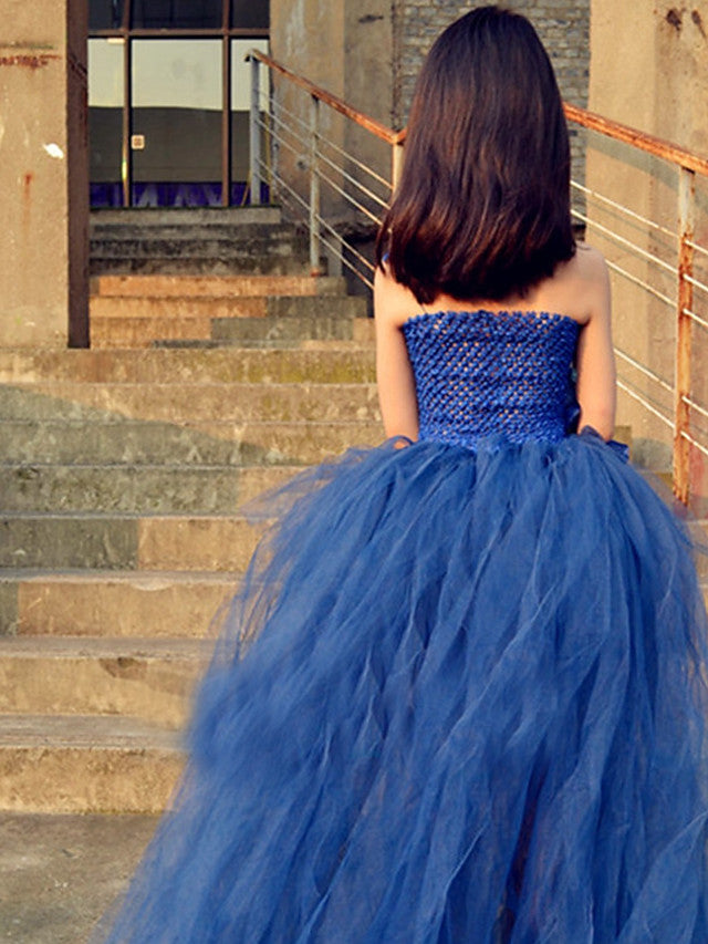 Beautiful Ball Gown Asymmetrical Flower Girl Dress with Tulle Stretch Satin and Handmade Flower