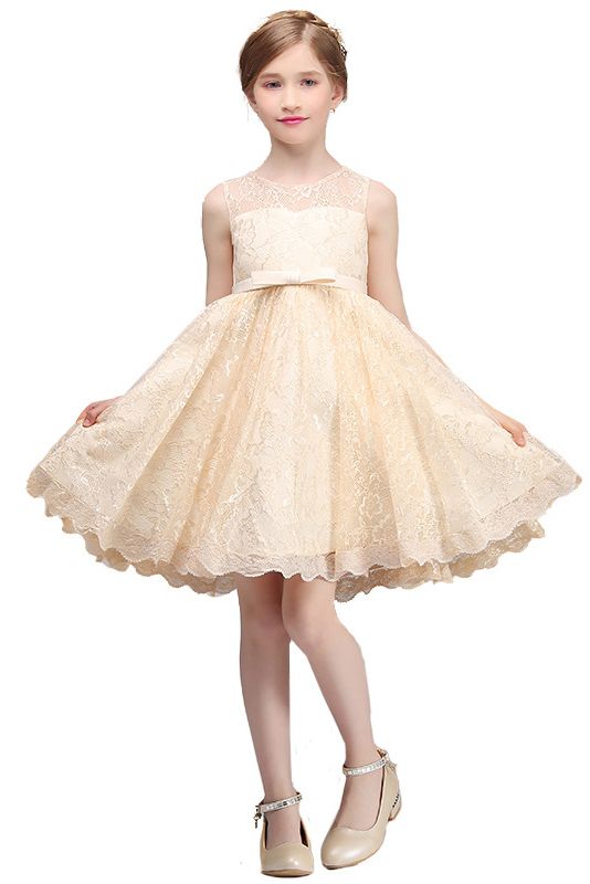 Jewel Sleeveless Illusion Neck Flower Girl Dress with Tulle Lace