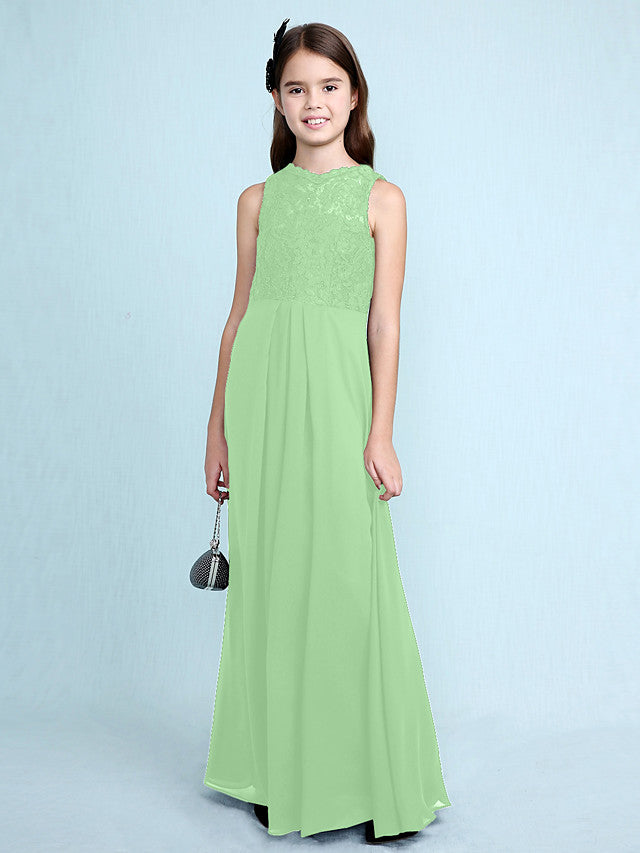 Sheath Column Scoop Neck Floor Length Chiffon & Lace Junior Bridesmaid Dress