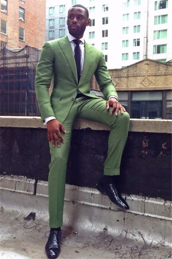Formal Green Prince Suit With Peaked Lapel For Weddings