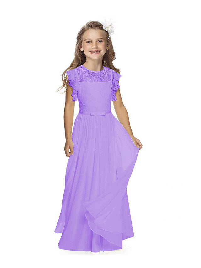Short Sleeve Jewel Neck Flower Girl Dress with Lace and Butterfly