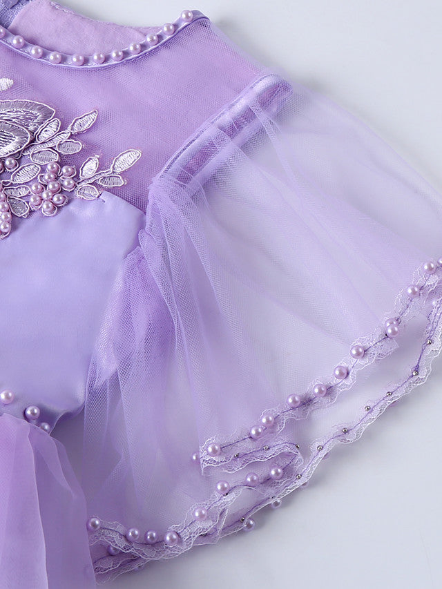 Princess Midi Dress for Weddings & Birthdays: Satin Tulle Jewel Neck with Bow(s) Pearls & Beading