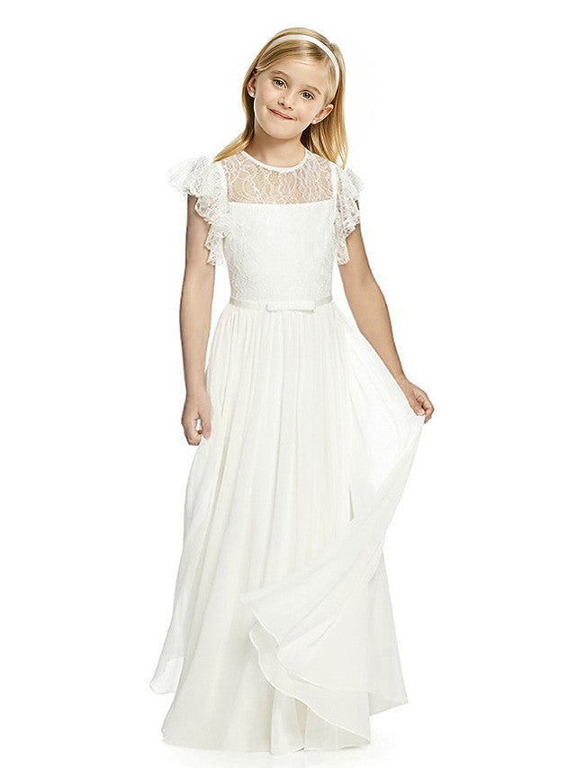Short Sleeve Jewel Neck Flower Girl Dress with Lace and Butterfly