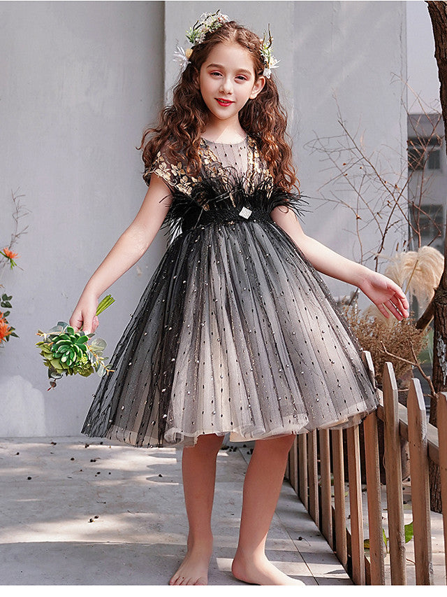 Luxurious A-Line Jewel Short Sleeve Knee Length Flower Girl Dress