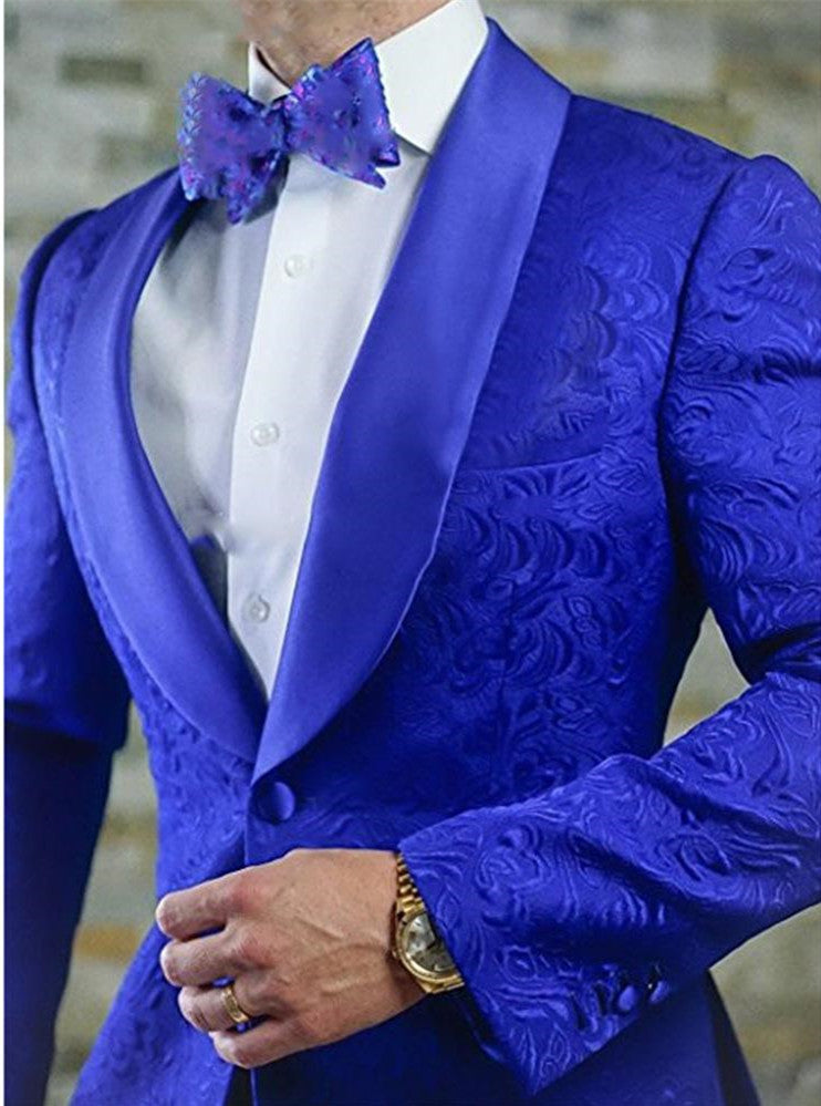 Two Pieces Jacquard Royal Blue Shawl Lapel Wedding Blazer