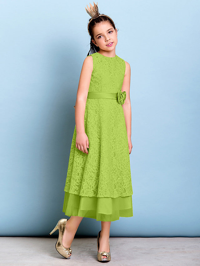 A-Line Jewel Neck Tea Length Floral Lace Junior Bridesmaid Dress with Sash & Accessories