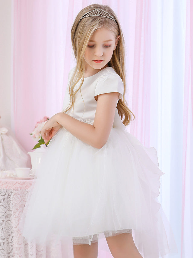 Princess Cap Sleeve Jewel Neck Ball Gown Flower Girl Dress With Beading Appliques Satin Tulle