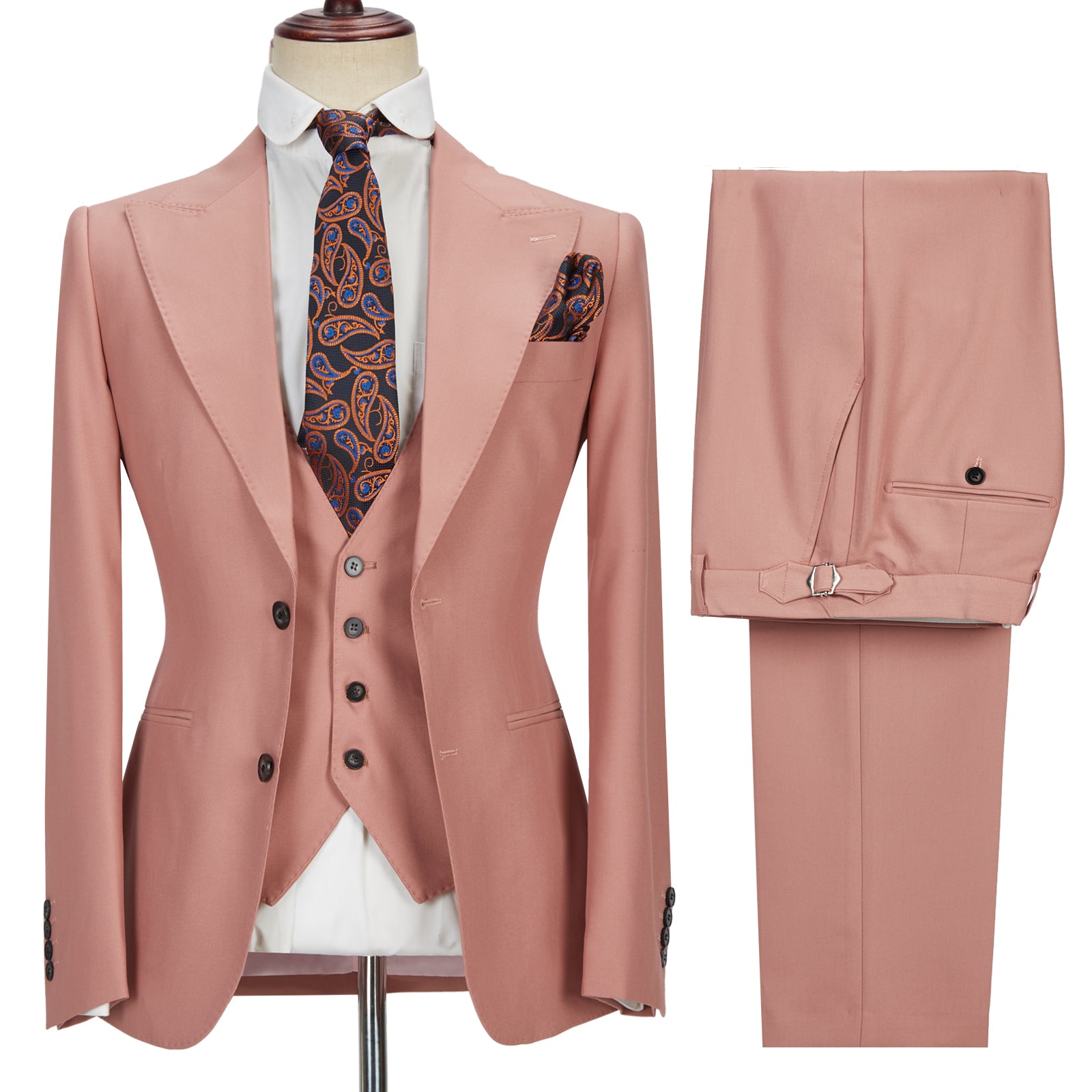 3 Piece Marriage Suit with Peak Lapel for Men - Pink 2 Buttons