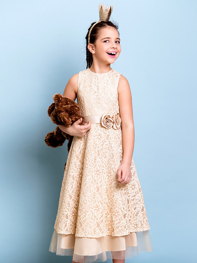 A-Line Jewel Neck Tea Length Floral Lace Junior Bridesmaid Dress with Sash & Accessories