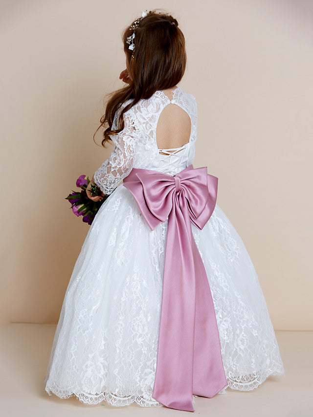 Long Sleeve V Neck Ball Gown with Lace Tulle Ribbon Bow and Lace Sash for Flower Girl Dress