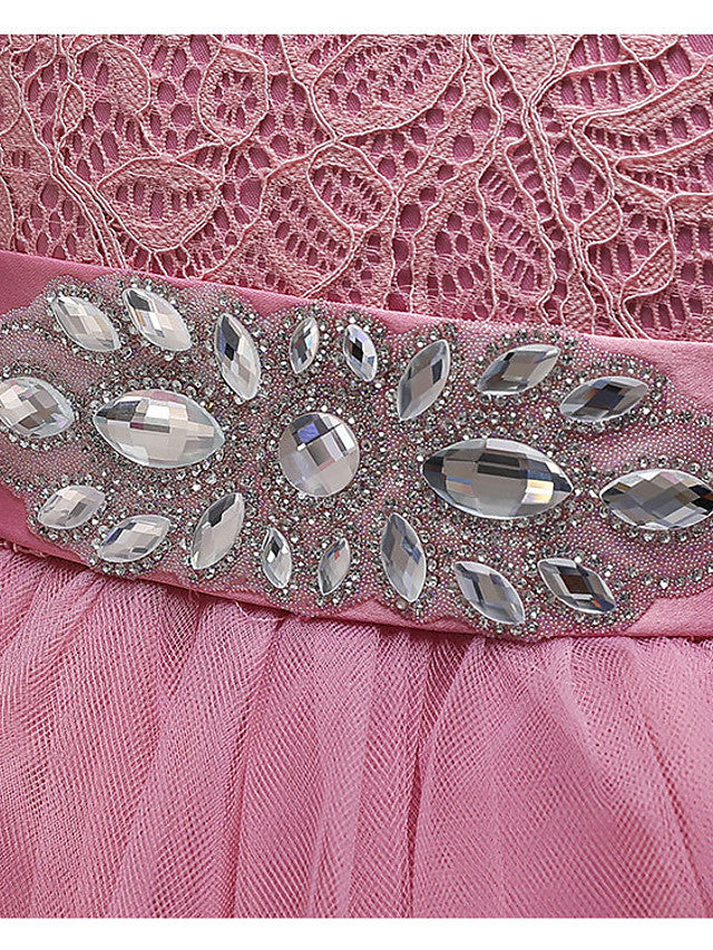 Asymmetrical Jewel Flower Girl Dress with Sleeveless Tulle and Belt - Crystals and Rhinestones