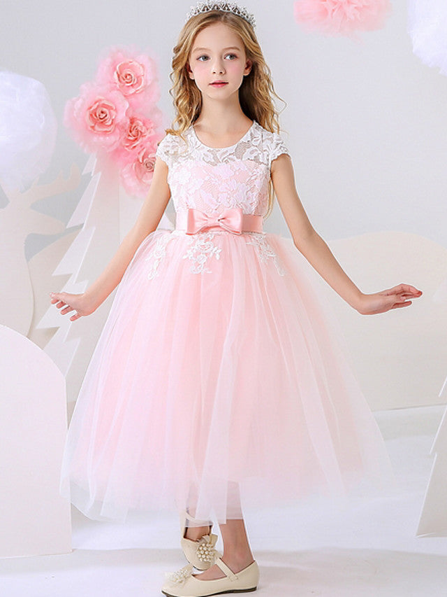 Ankle Length Flower Girl Dress with Bow Appliques