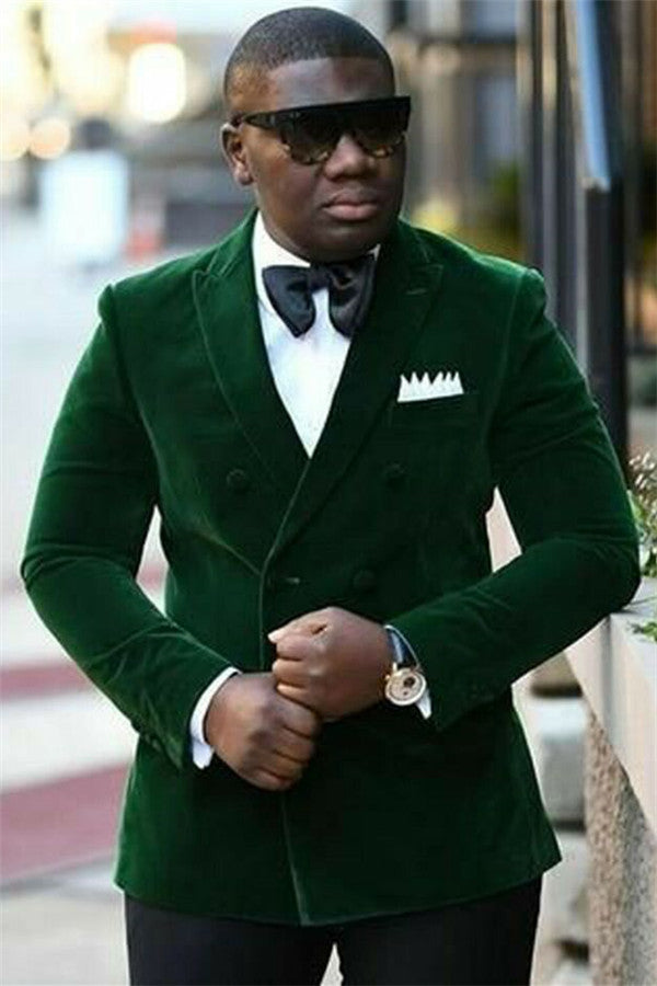 Newest Peaked Lapel Dark Green Marriage Blazer Suit With Velvet Double Breasted