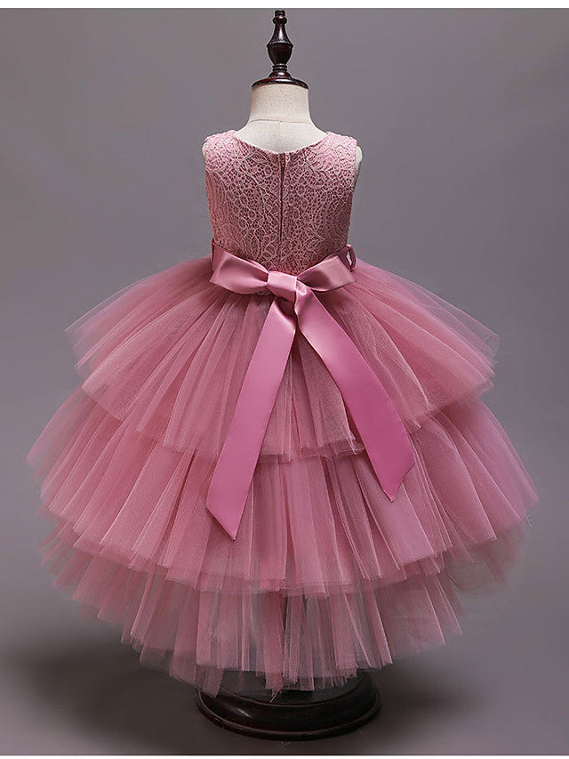 Asymmetrical Jewel Flower Girl Dress with Sleeveless Tulle and Belt - Crystals and Rhinestones