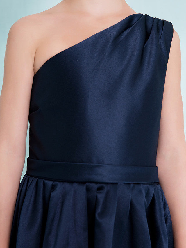 One Shoulder A-Line Satin Junior Flower Girl Dress with Sash Ribbon Pleats and Knee Length Fit