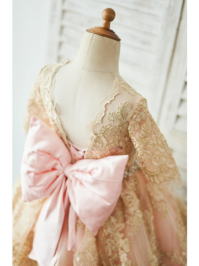 Half Sleeve Lace Neck Knee Length Jewel Ball Gown With Belt for Flower Girl Dress