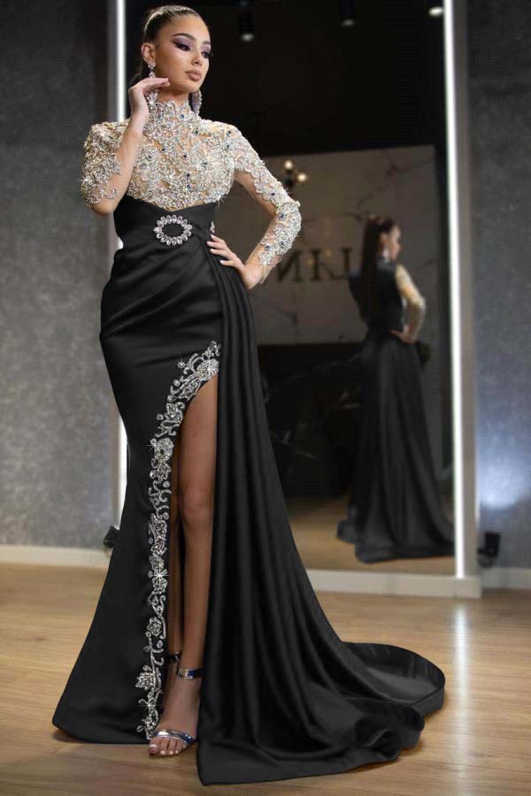 Royal Blue Beaded Long-Sleeve Mermaid Prom Dress with Split and Ruffles | Ballbella