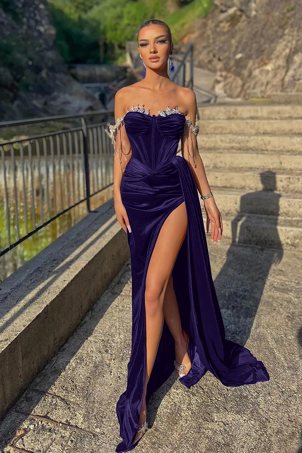 Velvet Beaded Off-the-Shoulder Mermaid Prom Dress with Ruffles | Ballbella