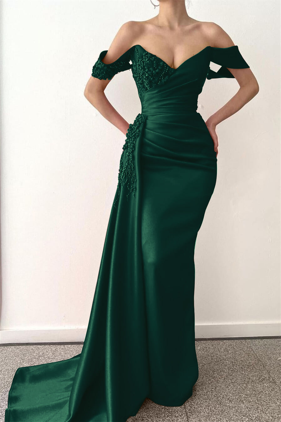 Red Beaded V-Neck Off-the-Shoulder Mermaid Prom Dress with Long Ruffles | Ballbella