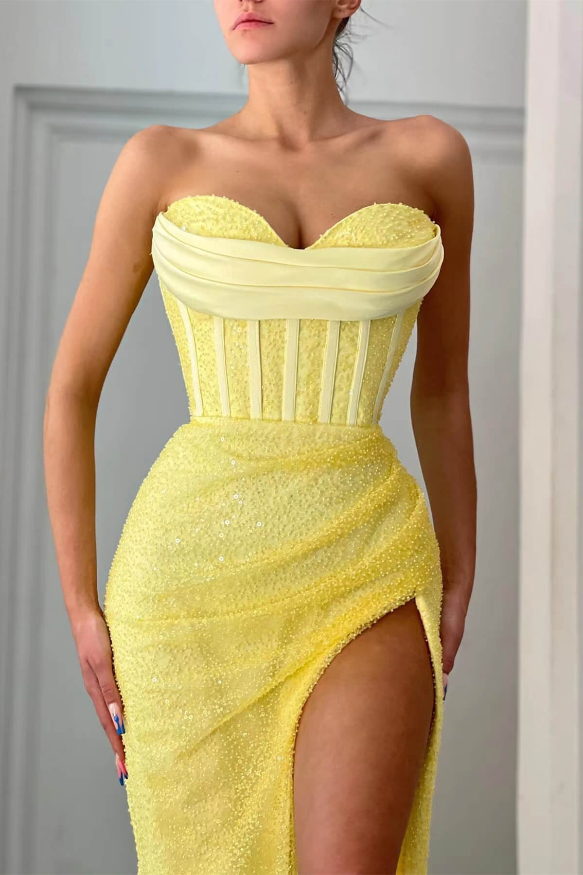 Daffodil Sweetheart Split Prom Dress Mermaid with Sequins | Ballbella