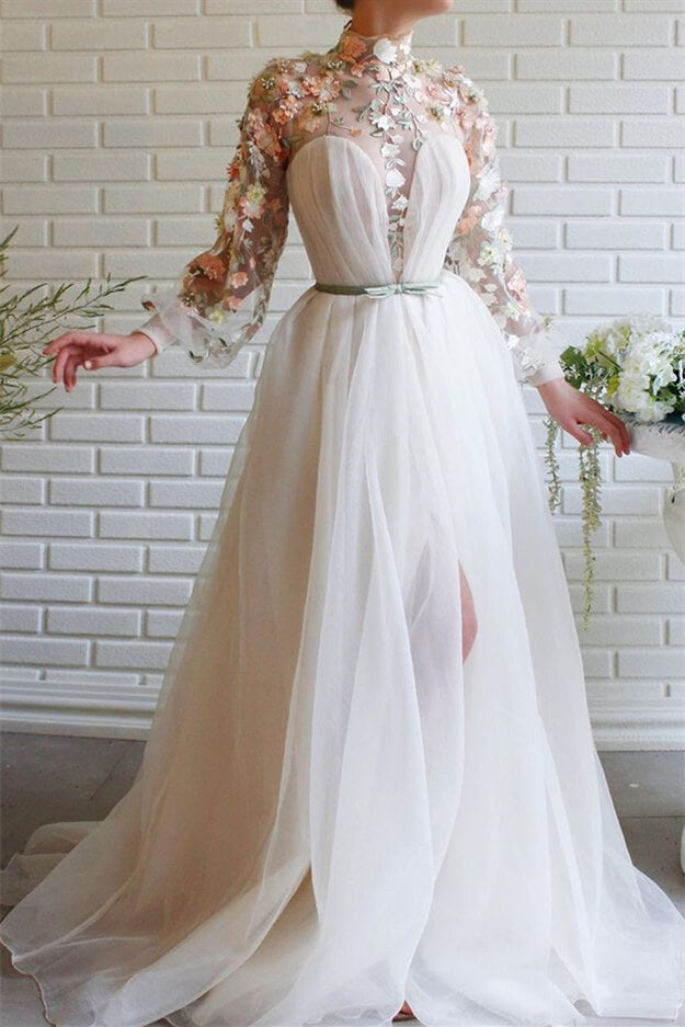 High-Collar White Mermaid Long-Sleeve Evening Dress with Flowers and Split | Ballbella