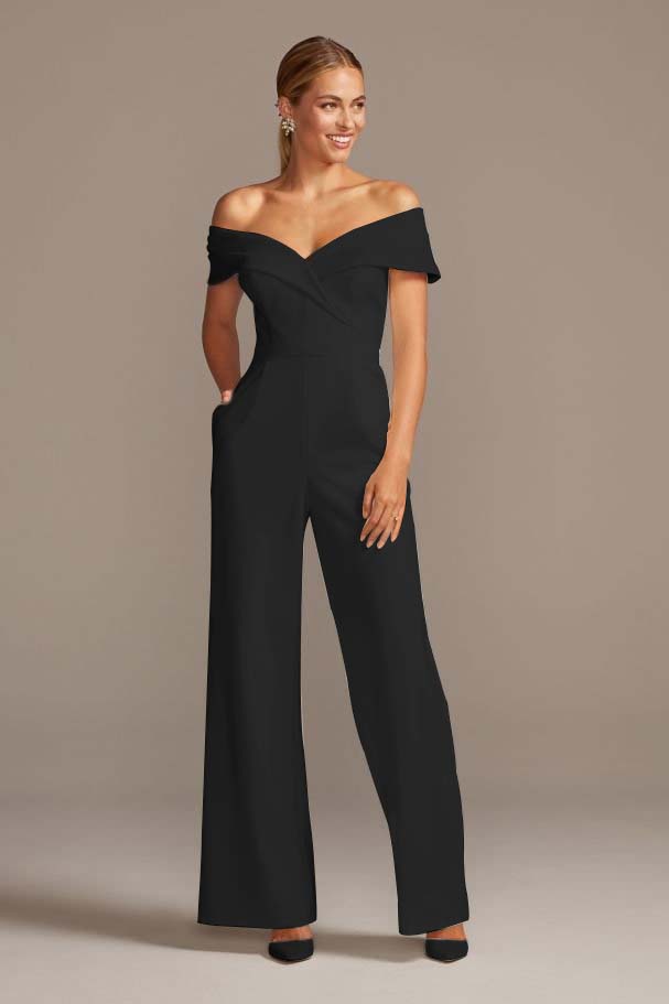 White Cuffed Off-the-Shoulder Stretch Crepe Jumpsuit | Ballbella