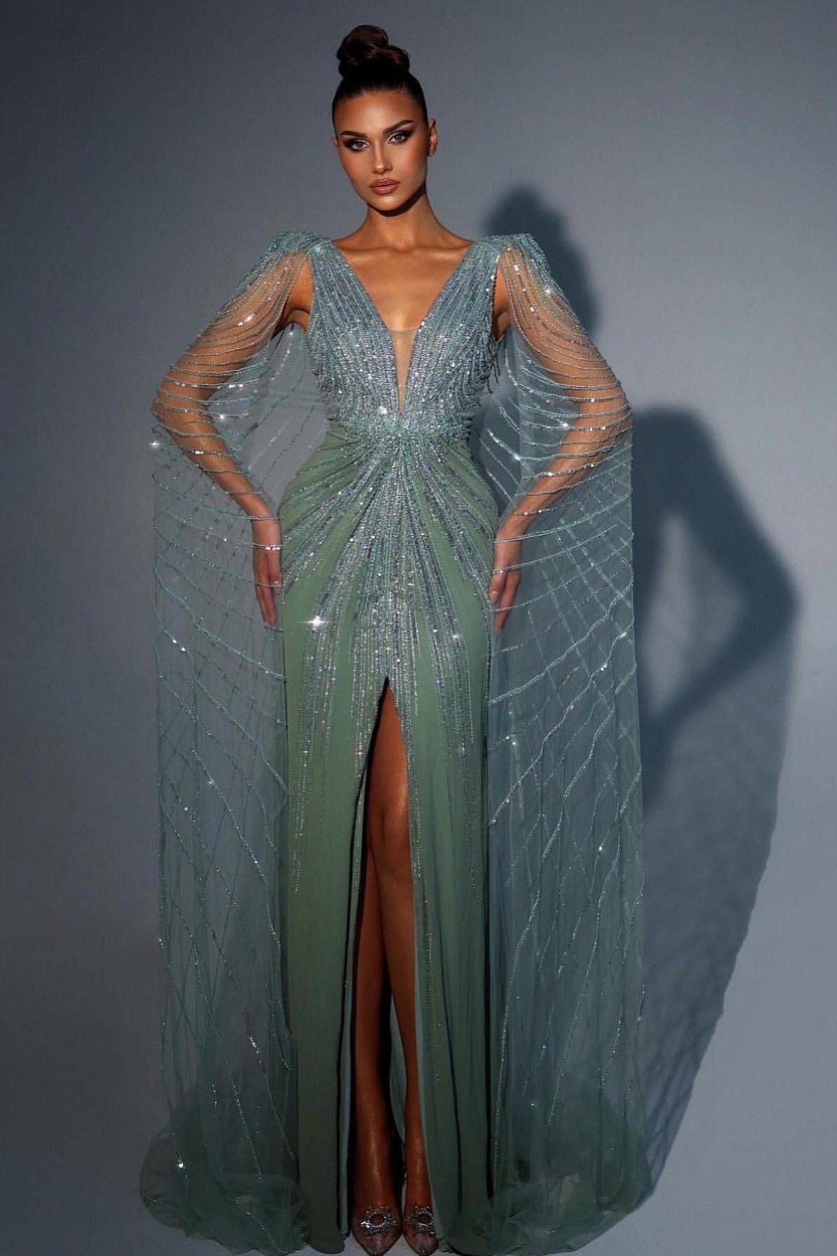 Shiny Sage Beaded Front-Slit Mermaid Prom Dress with Tulle Ruffles | Ballbella