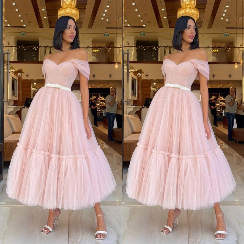 Sweetheart Light Pink Off-the-Shoulder Tulle Prom Dress with Belt | Ballbella