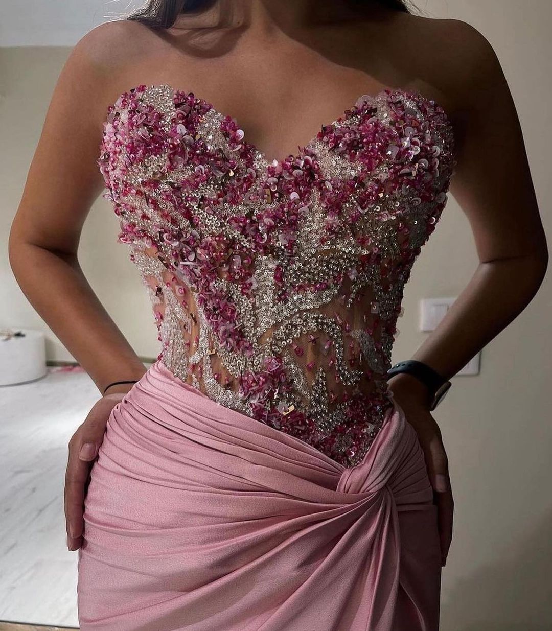 Pink Beaded Sweetheart Mermaid Prom Dress with Slit and Appliques | Ballbella