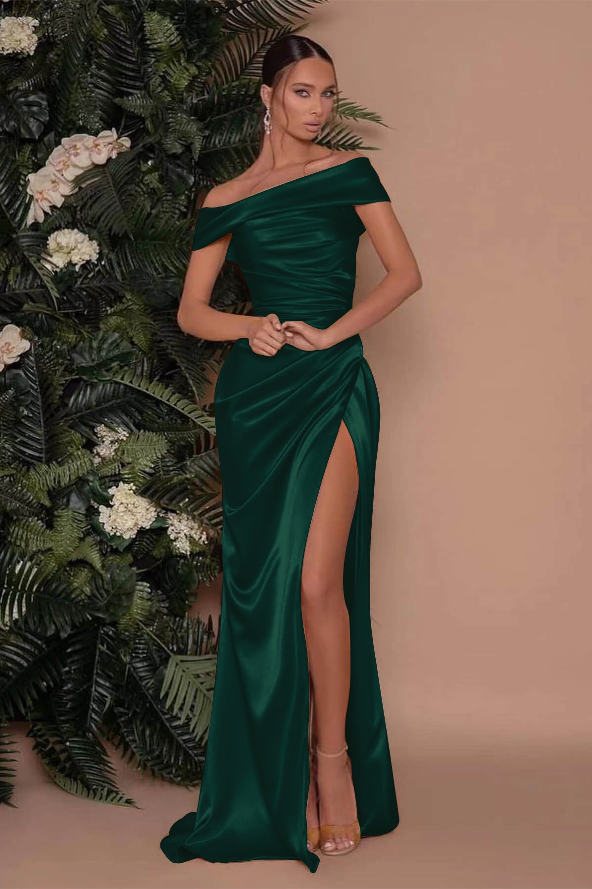 Off-the-Shoulder Champagne Charmeuse Prom Dress with Split Mermaid | Ballbella
