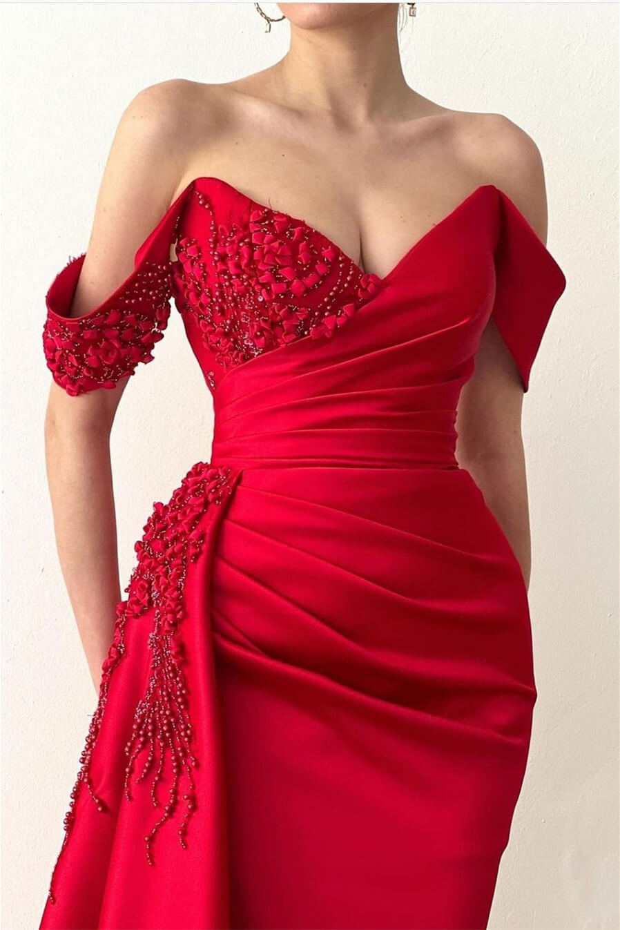 Red Beaded V-Neck Off-the-Shoulder Mermaid Prom Dress with Long Ruffles | Ballbella