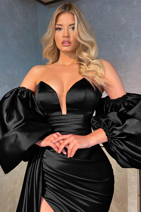 V-Neck Shiny Detachable Sleeves Evening Split Prom Dress with Long Ruffles | Ballbella
