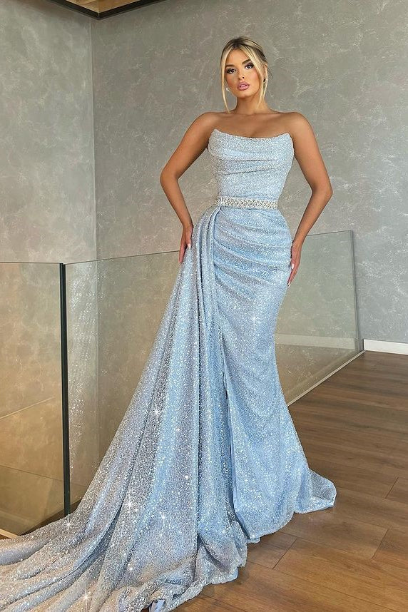 Strapless Baby Blue Sleeveless Mermaid Prom Dress with Beadings and Sequins | Ballbella
