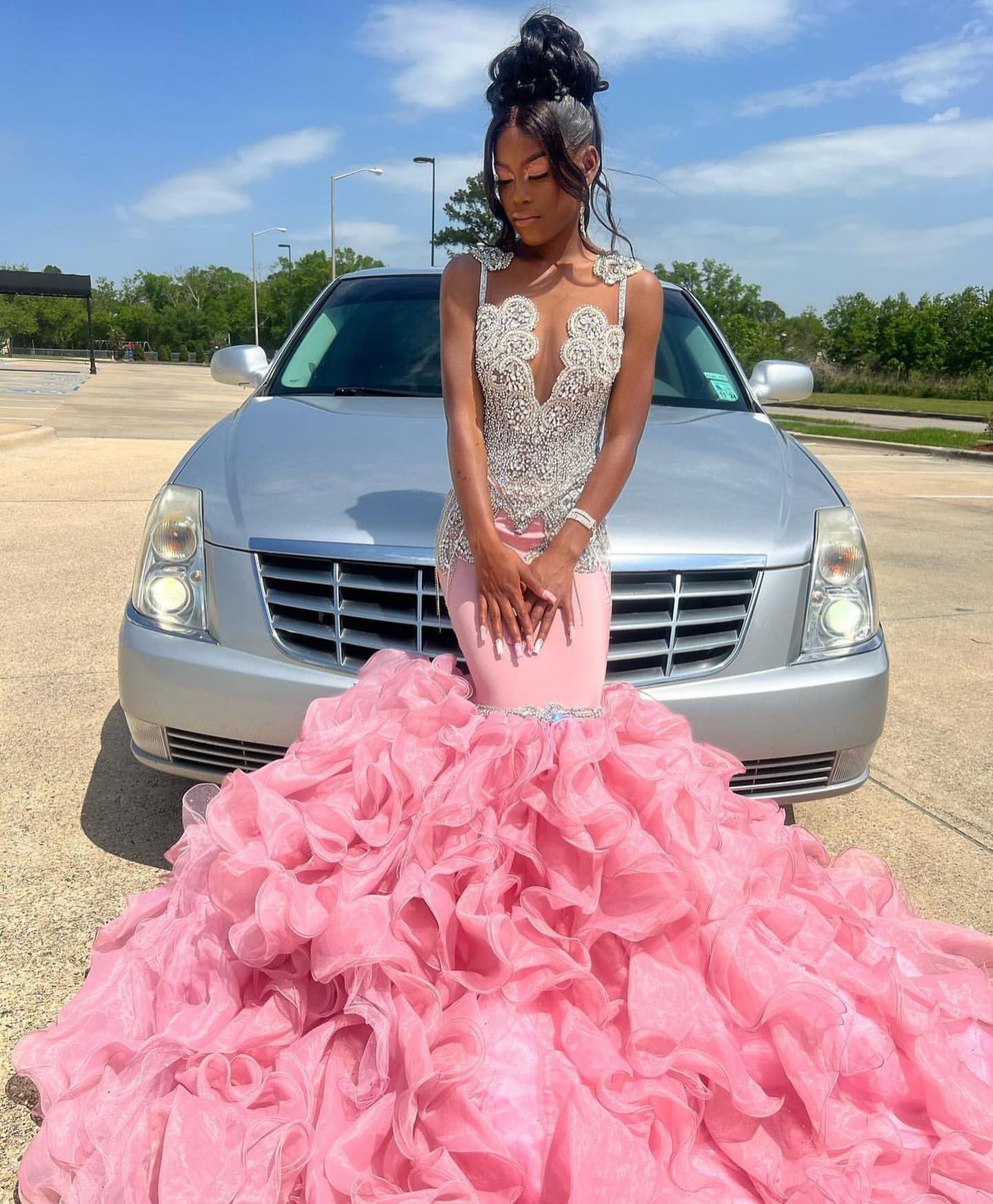 Stylish Pink Silver Appliques Beaded Evening Dress with Layers | Ballbella
