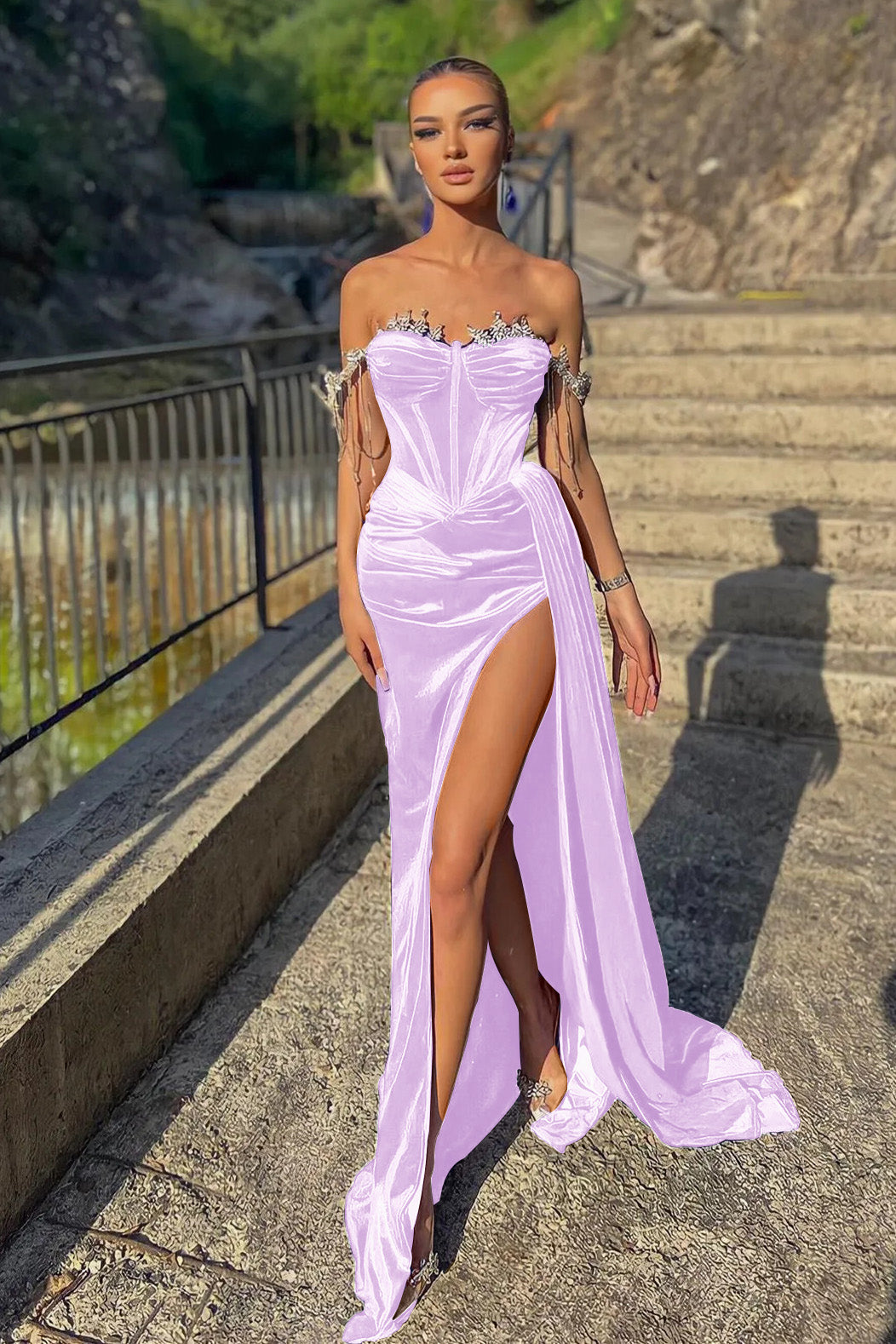 Velvet Beaded Off-the-Shoulder Mermaid Prom Dress with Ruffles | Ballbella