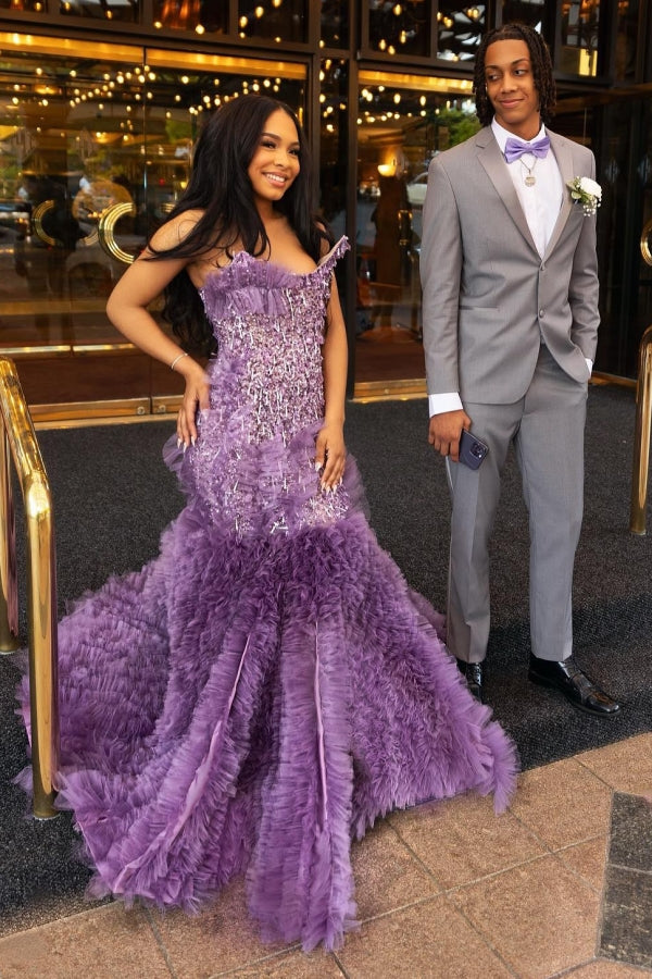 Lilac Modern One Shoulder Ruffles Front Slit Prom Dress