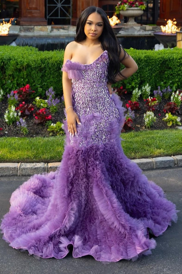 Lilac Modern One Shoulder Ruffles Front Slit Prom Dress