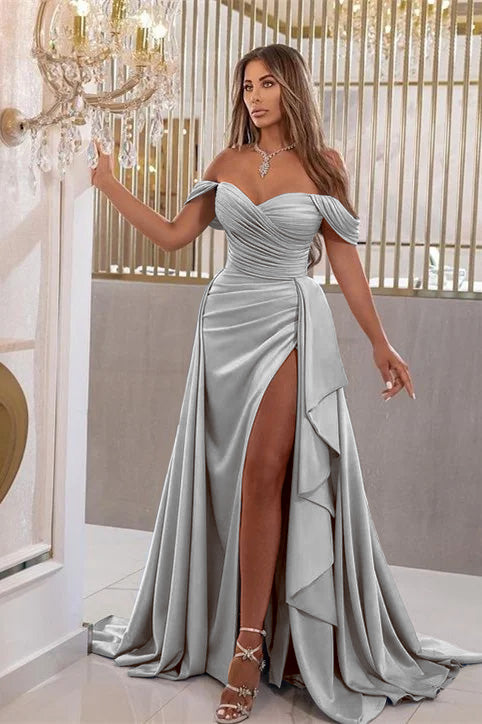 Sky Blue Elegant Split Mermaid Sweetheart Prom Dress with Off-the-Shoulder | Ballbella