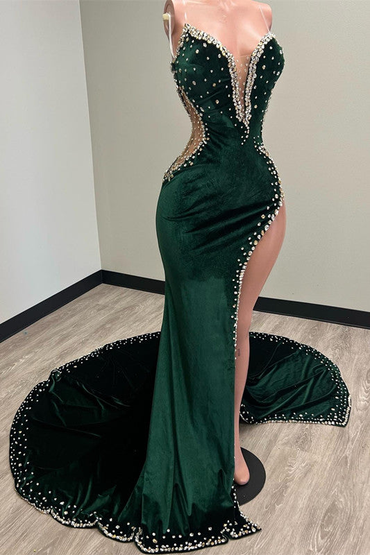 Unique Sweetheart Mermaid Dark Green Prom Dress with Slit and Beadings | Ballbella