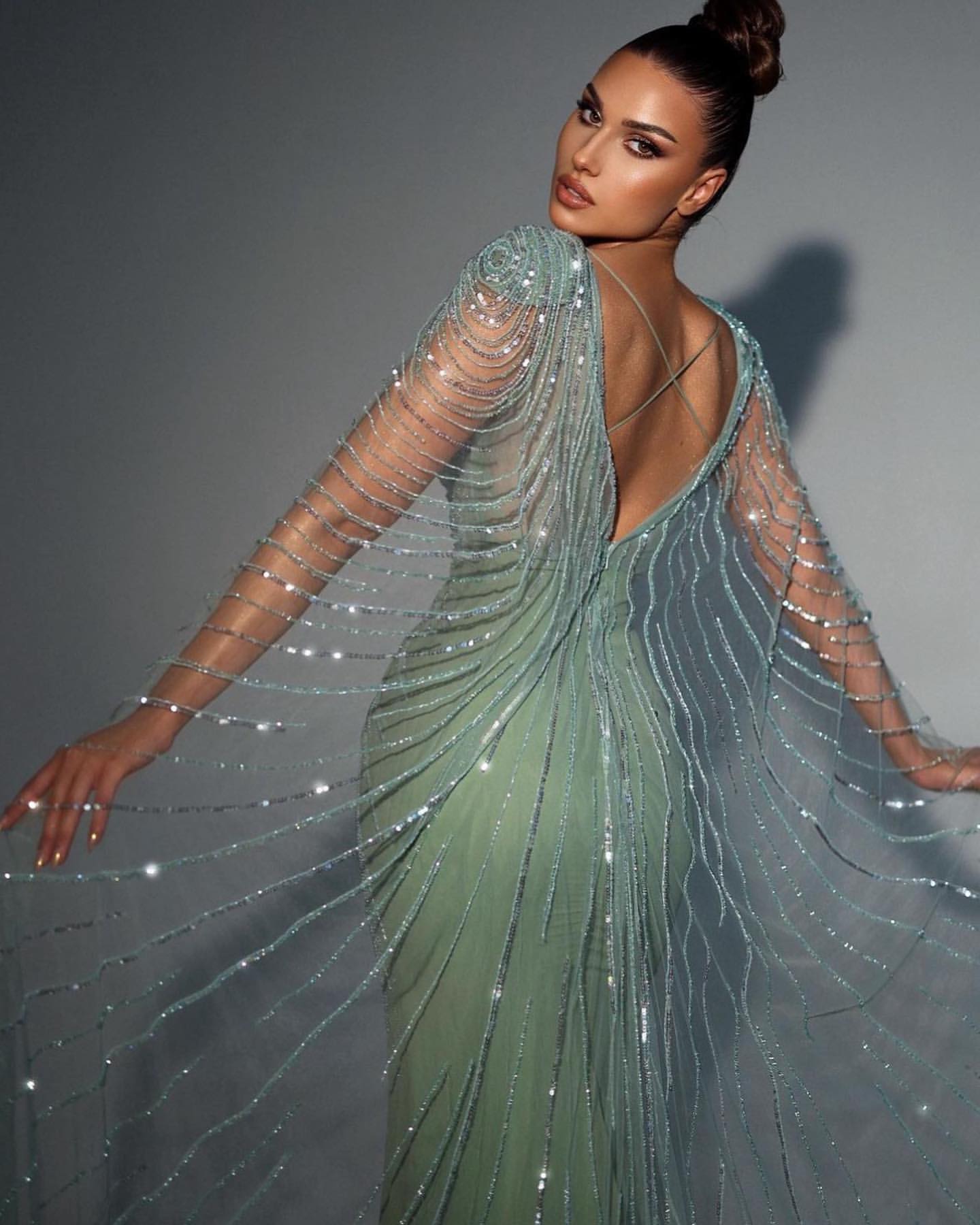Shiny Sage Beaded Front-Slit Mermaid Prom Dress with Tulle Ruffles | Ballbella