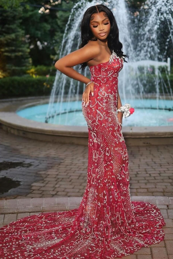 Sexy Hot Red Tulle Crystal Mermaid Sweetheart Prom Dress
