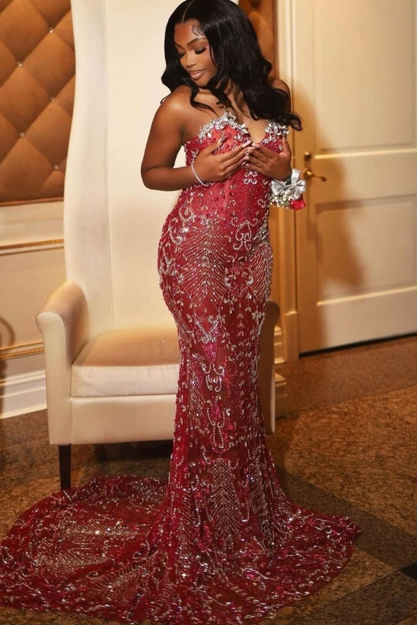 Sexy Hot Red Tulle Crystal Mermaid Sweetheart Prom Dress