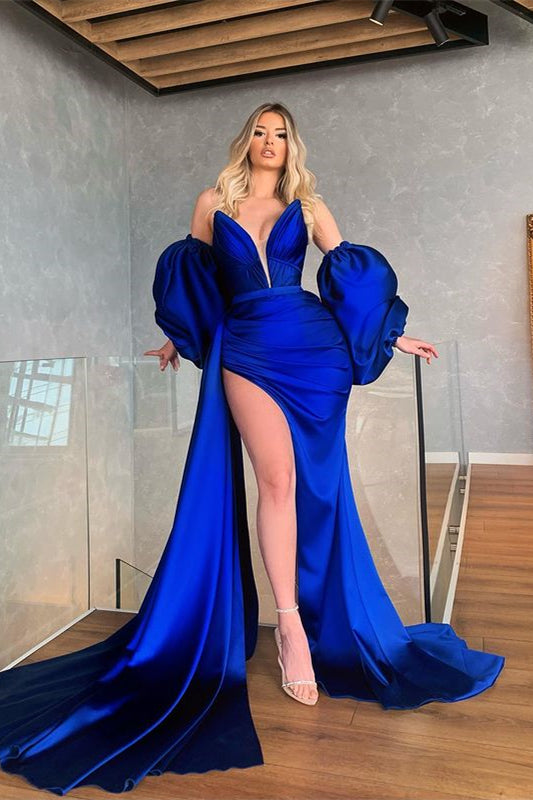 Royal Blue Removable Sleeves Mermaid Prom Dress with Slit | Ballbella