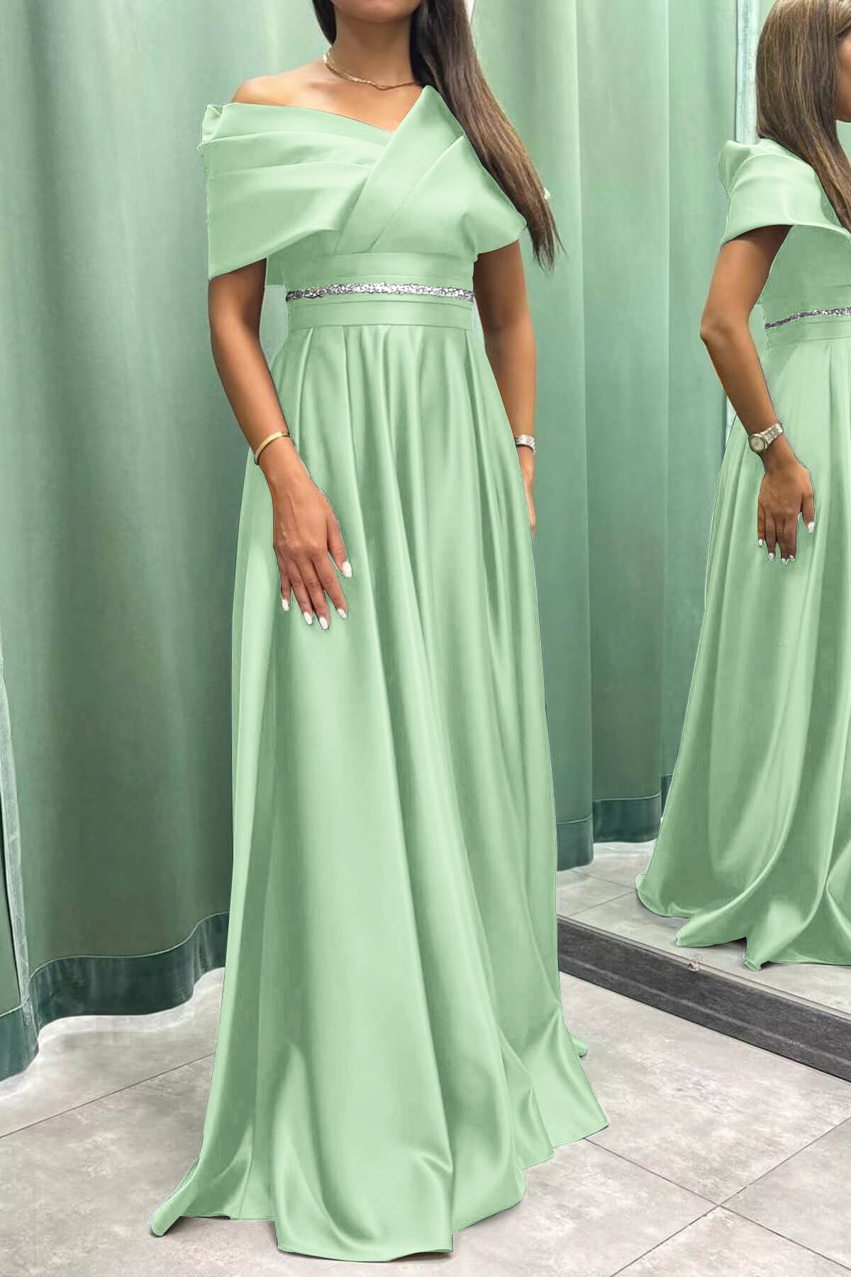 Off-the-Shoulder Elegant Long Evening Dress with Pleats | Ballbella