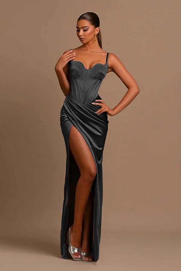 Silver Mermaid Vintage Slit Long Evening Dress with Spaghetti Straps | Ballbella