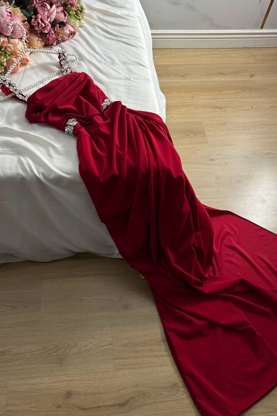 Stunning Red Satin Spaghetti Strap Sleeveless Long Prom Dress with Beadings | Ballbella