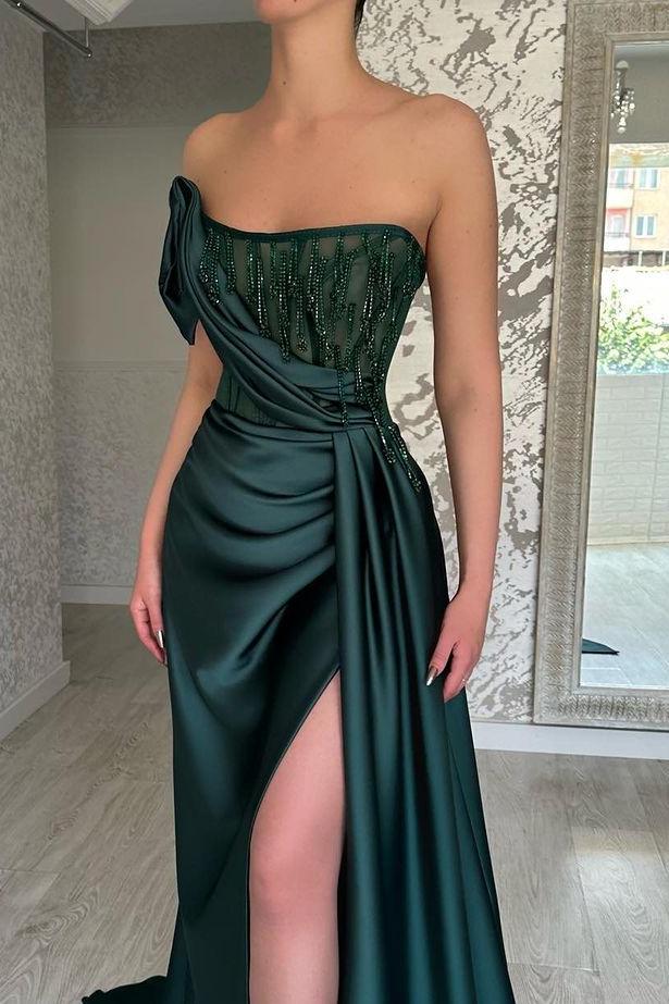 Stunning Dark Green Satin Sleeveless Strapless Pleated Prom Dress with Beadings | Ballbella