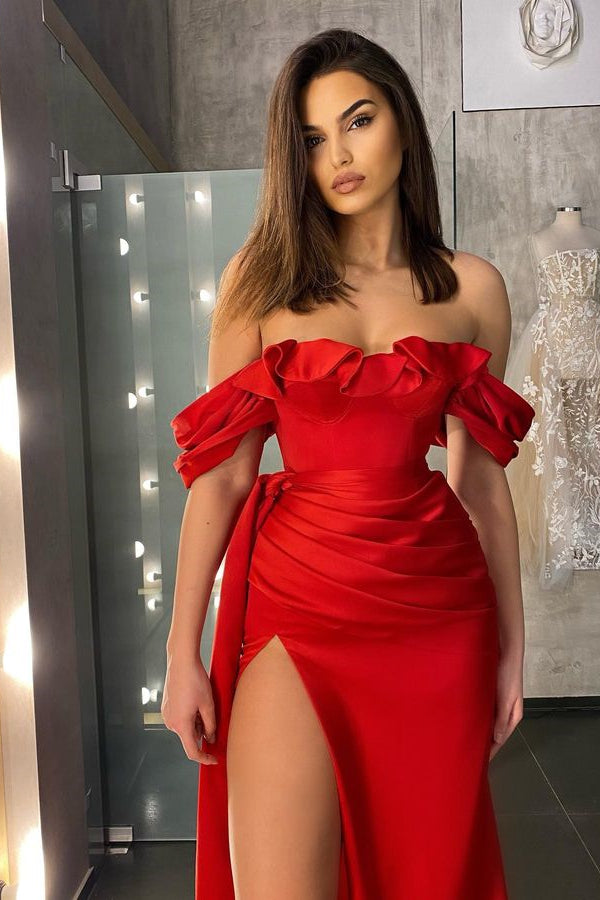 Red Mermaid Off-the-Shoulder Evening Dress with Split | Ballbella
