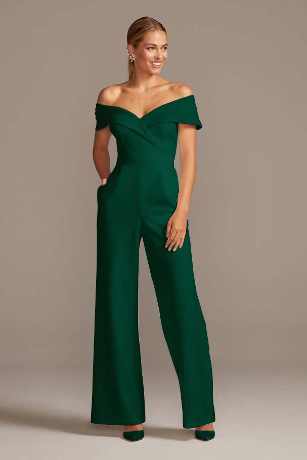 White Cuffed Off-the-Shoulder Stretch Crepe Jumpsuit | Ballbella