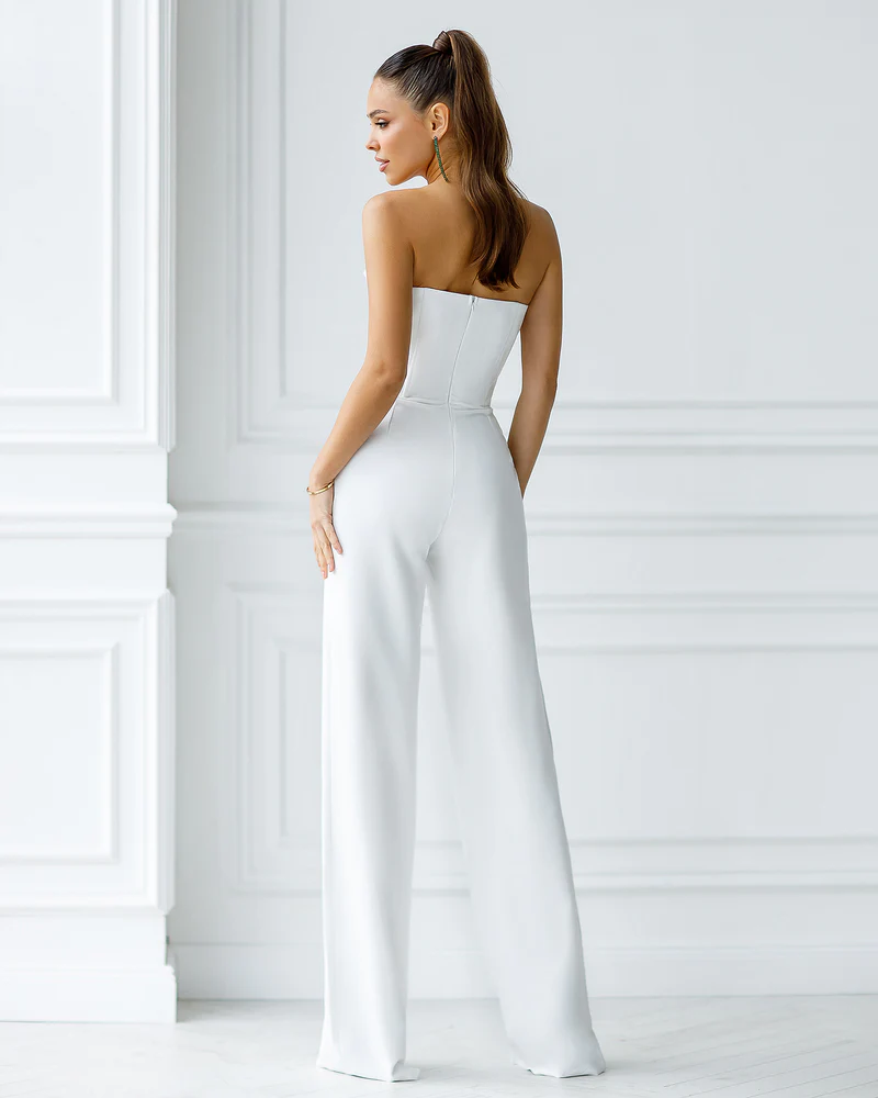 White Women’s Jumpsuit Bridal Wedding Bridesmaid Prom Graduation Corset Top Wide-Leg Pants | Ballbella